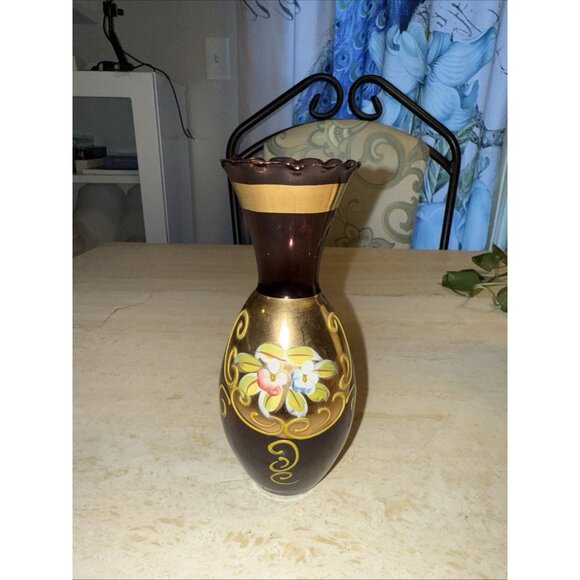 Bohemian Amethyst Purple Glass Vase With Enamel Flowers & 24K Gold - Picture 5 of 5